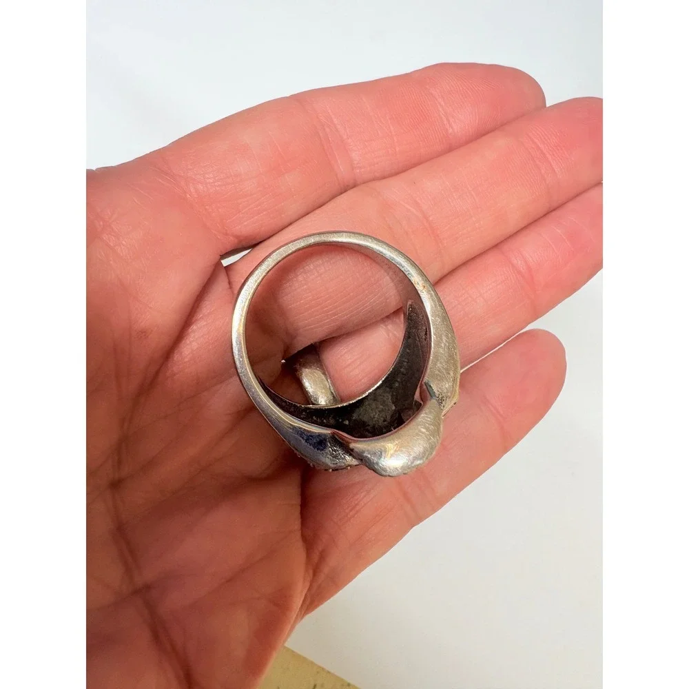Silver Tone Black Crystal Pavé Skull Statement Ring‎ Gothic Biker Size Big